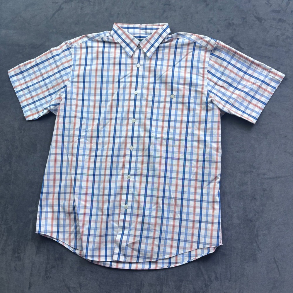 Orvis Mens XL Wrinkle Free Plaid Short Sleeve Button Down Shirt Blue Orange
